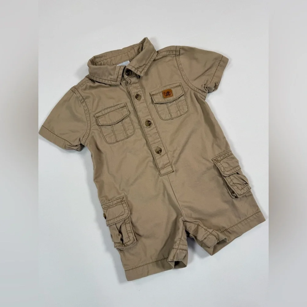 GYMBOREE Baby Boys'‎ Khaki Jungle Safari Cargo 100% Cotton Button Up Romper 0-3M